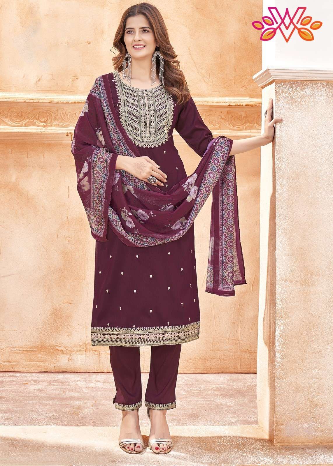 Wine Color Embroidery Work Straight Salwar Suit
